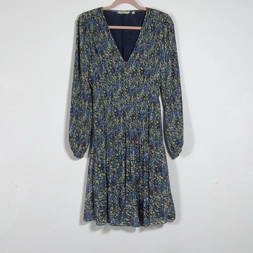 Boden Plisse Mini Dress Sz US 6L‎ XS Blue Floral V Neck Long Sleeve Dress